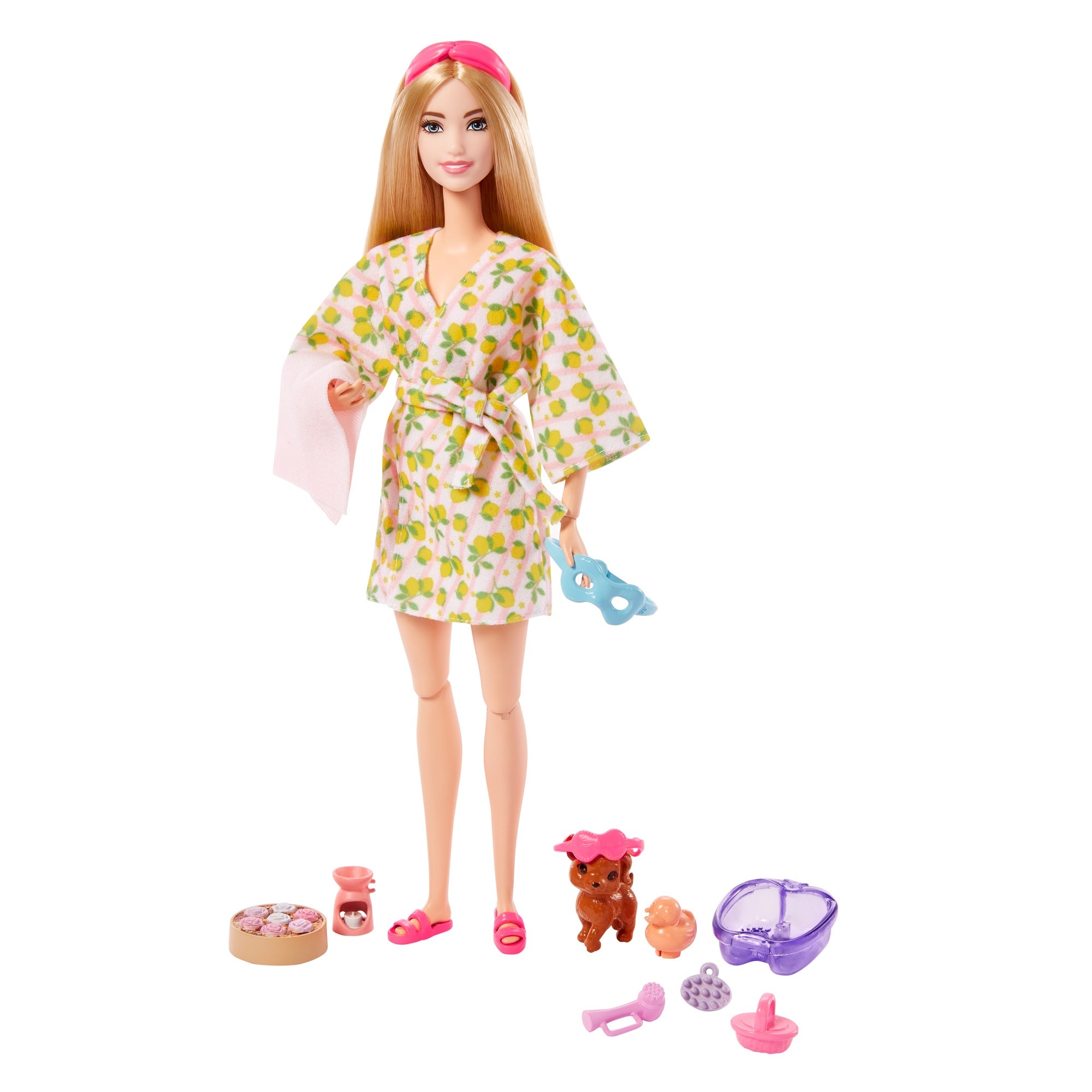 Barbie Wellness Doll Playset with Blonde Doll with Pet Puppy Barbie Sets Spa Day Lemon Print Bathrobe Headband and Eye Mask for Kids Ages 3