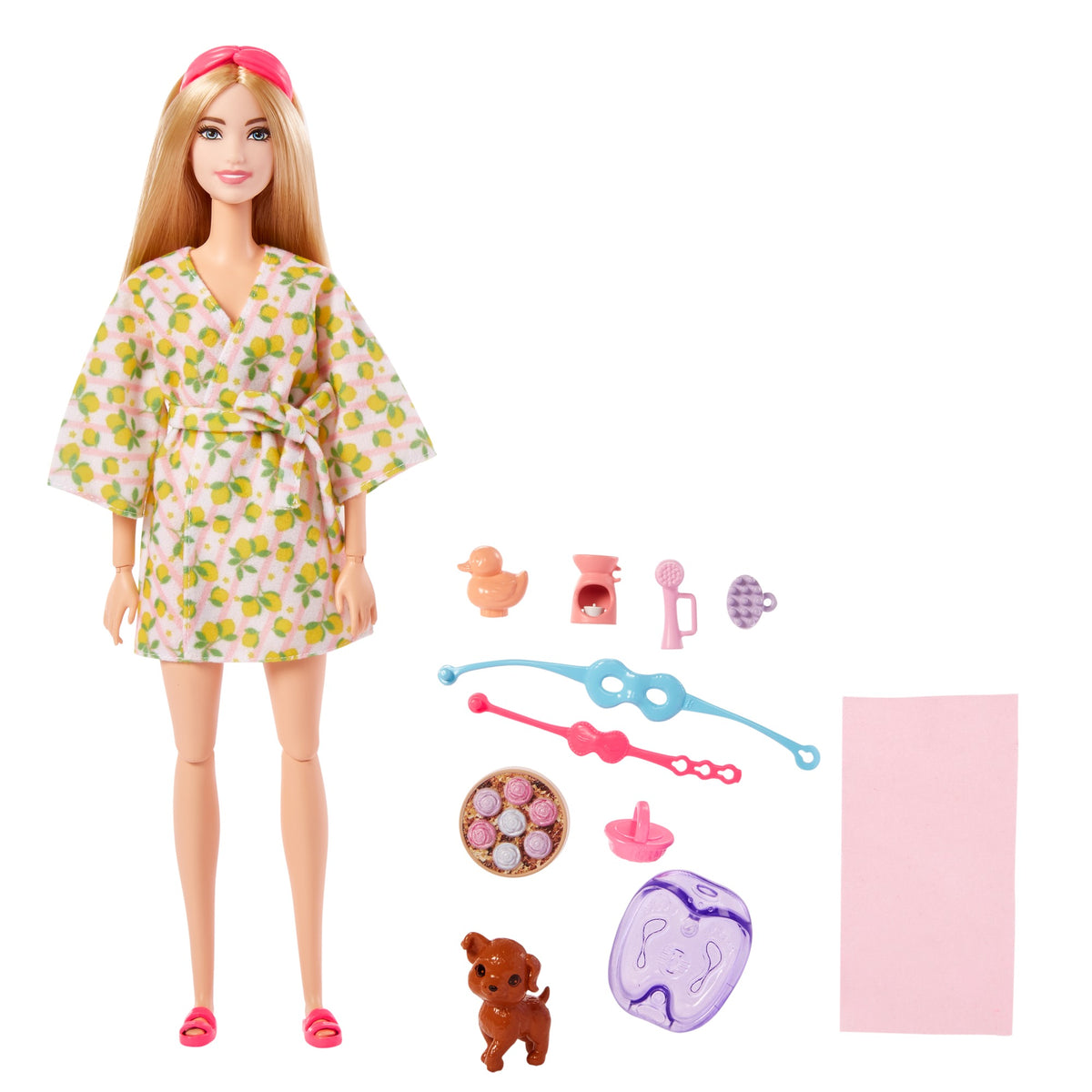 Barbie Wellness Doll Playset with Blonde Doll with Pet Puppy, Barbie Sets, Spa Day, Lemon Print Bathrobe, Headband and Eye Mask for Kids Ages 3+