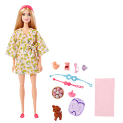 Barbie Wellness Doll Playset with Blonde Doll with Pet Puppy, Barbie Sets, Spa Day, Lemon Print Bathrobe, Headband and Eye Mask for Kids Ages 3+