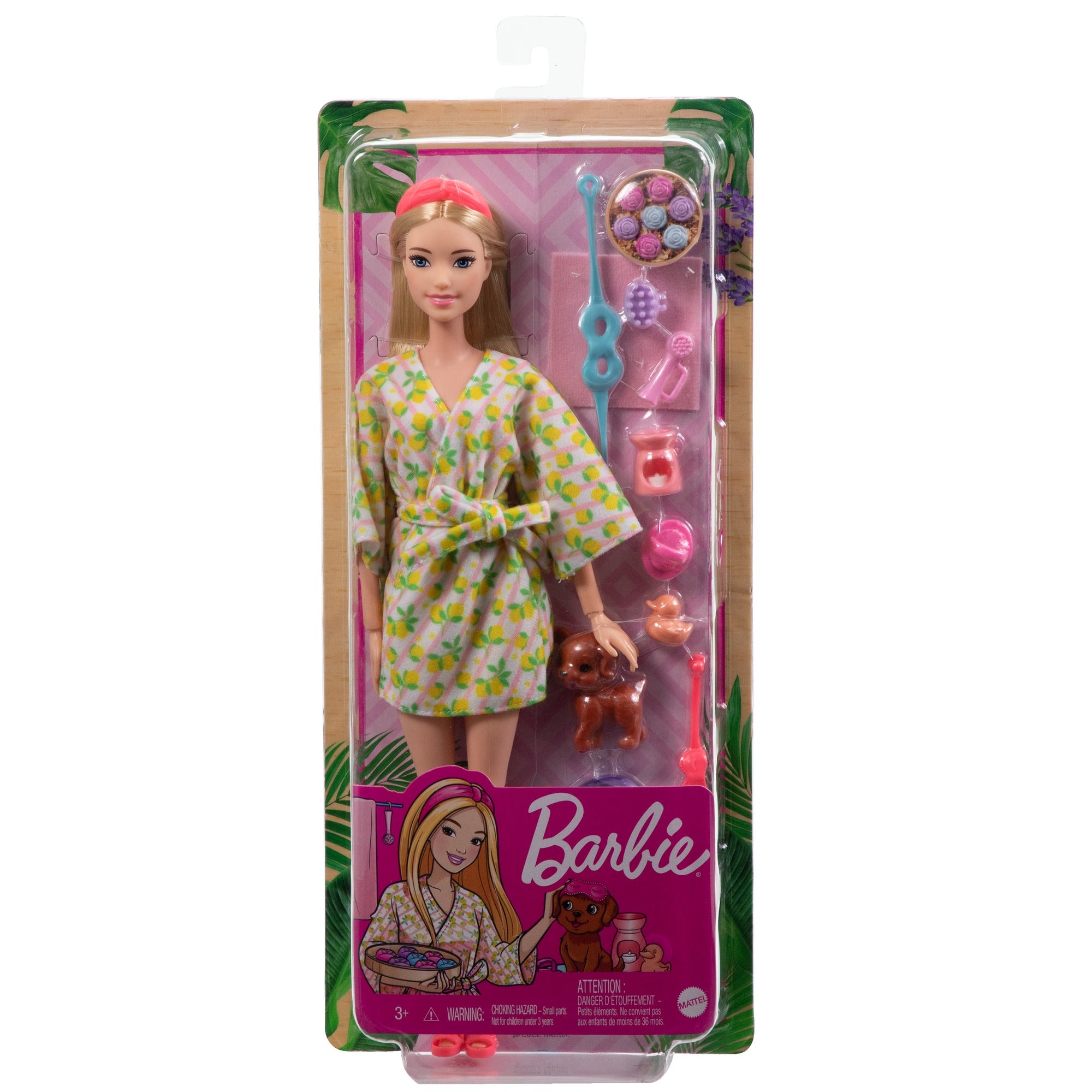 Barbie Wellness Doll Playset with Blonde Doll with Pet Puppy, Barbie Sets, Spa Day, Lemon Print Bathrobe, Headband and Eye Mask for Kids Ages 3+