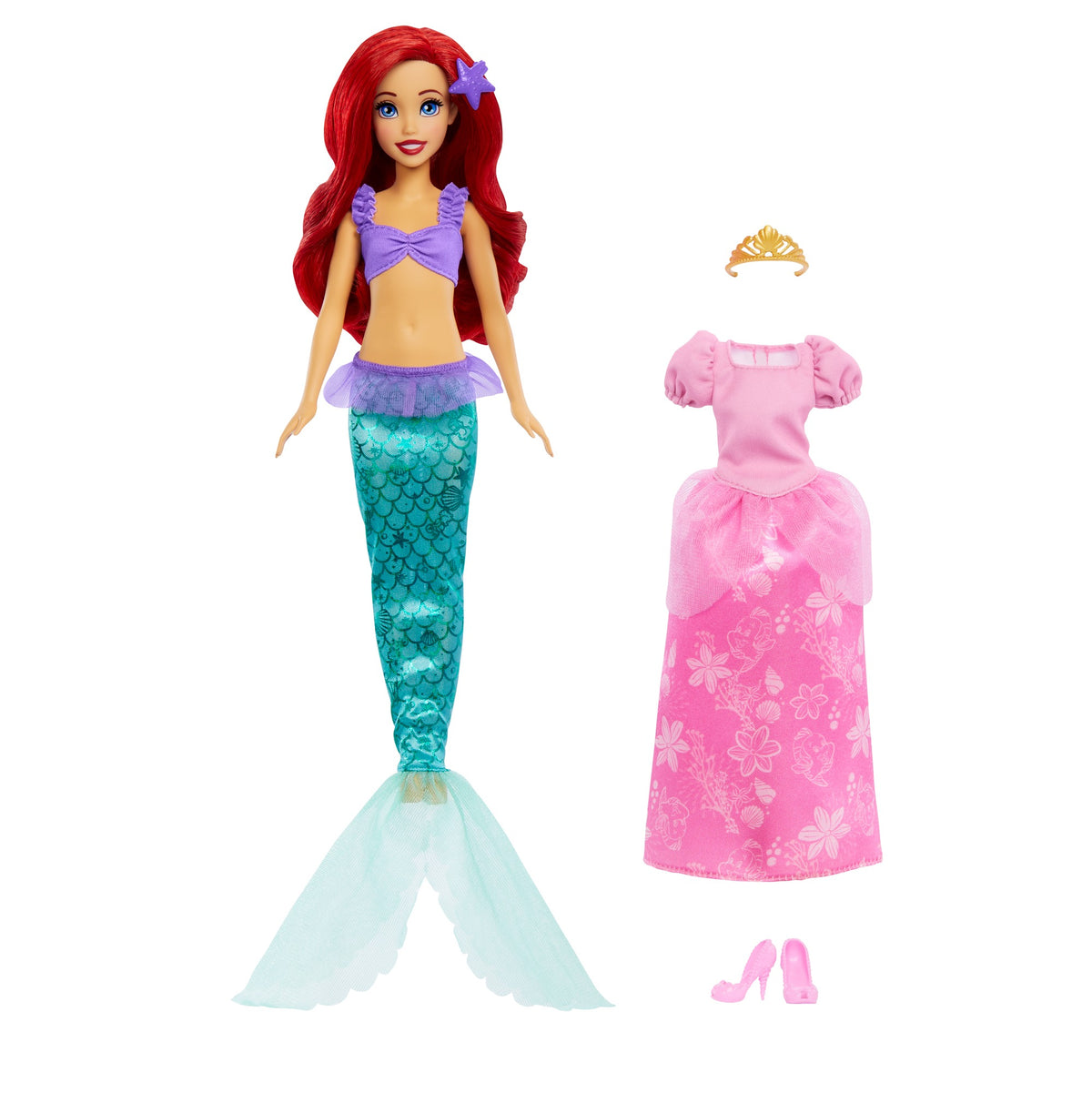 Disney Princess Ariel 2-in-1 Mermaid to Princess Doll with 2 Fashions and Accessories Inspired by the Disney Movies for Kids Ages 3+