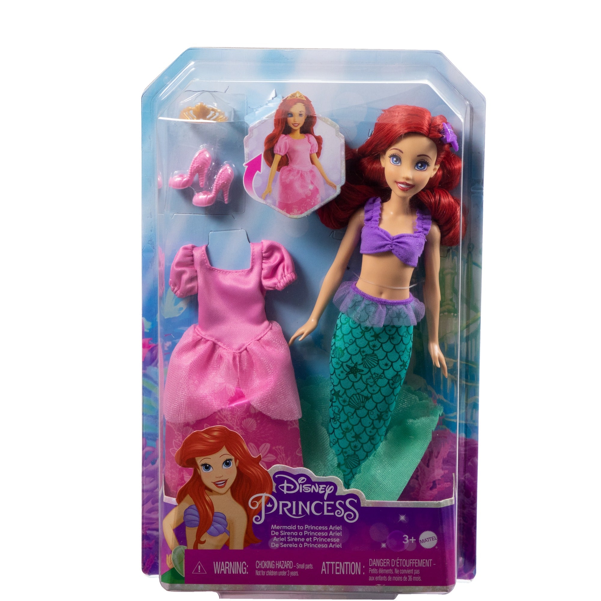 Disney Princess Ariel 2-in-1 Mermaid to Princess Doll with 2 Fashions and Accessories Inspired by the Disney Movies for Kids Ages 3+